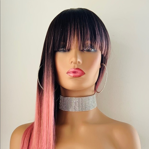 Very Pretty Long Ombre Dark Pink Synthetic Wig with Bangs - Picture 5 of 12